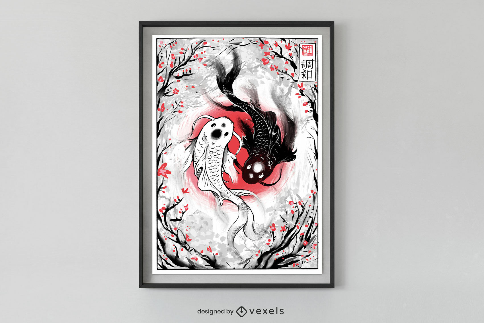 Yin yang koi fishes japanese poster design