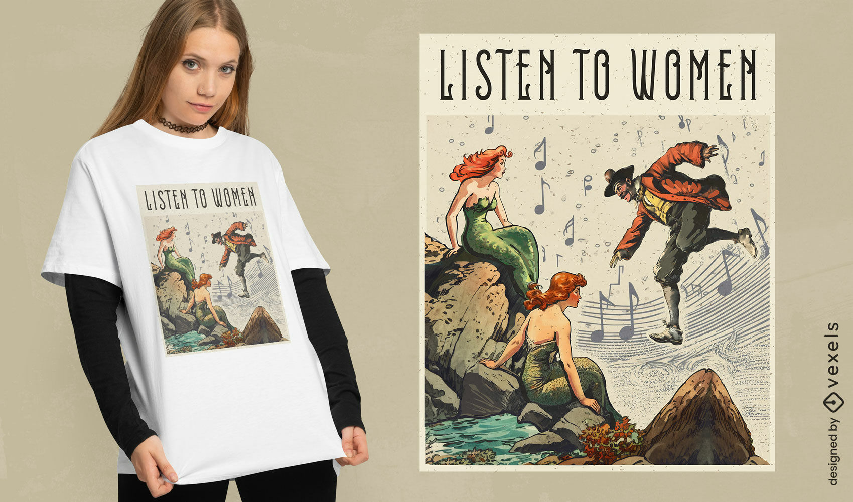 Vintage mermaids and pirate t-shirt design