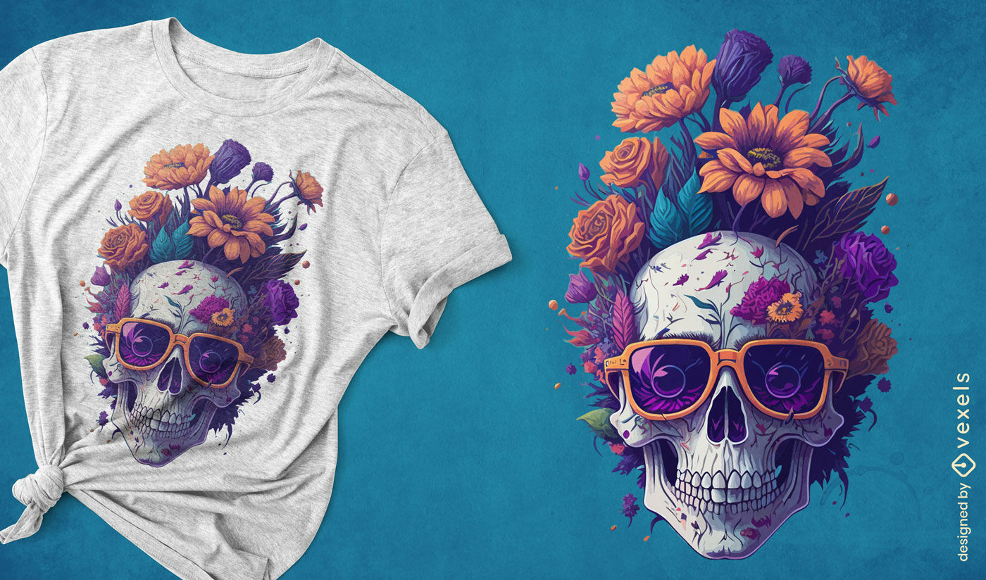 Floral skull with purple eyeglasses t-shirt design