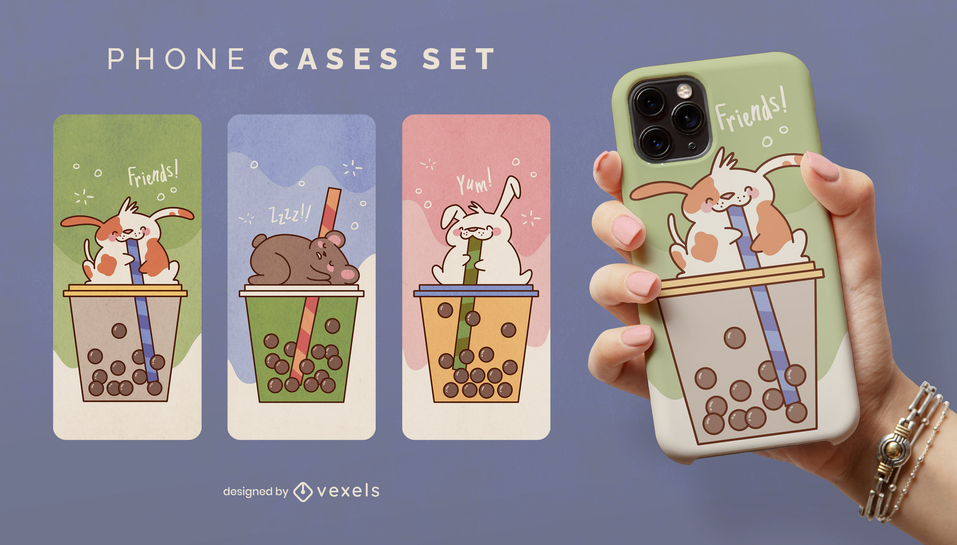 Kawaii animals in tea drinks phone case design