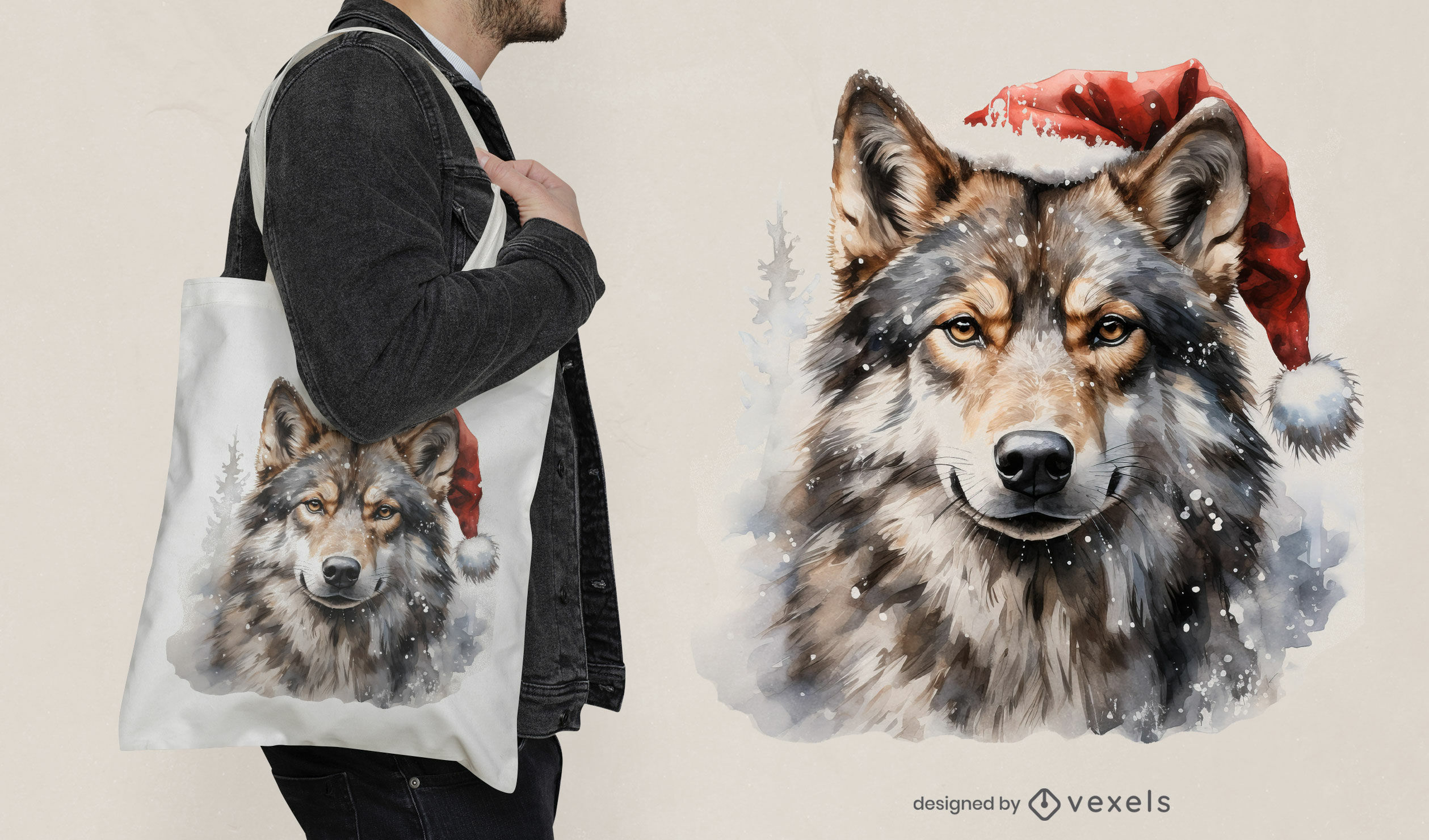 Wolf in santa hat tote bag design