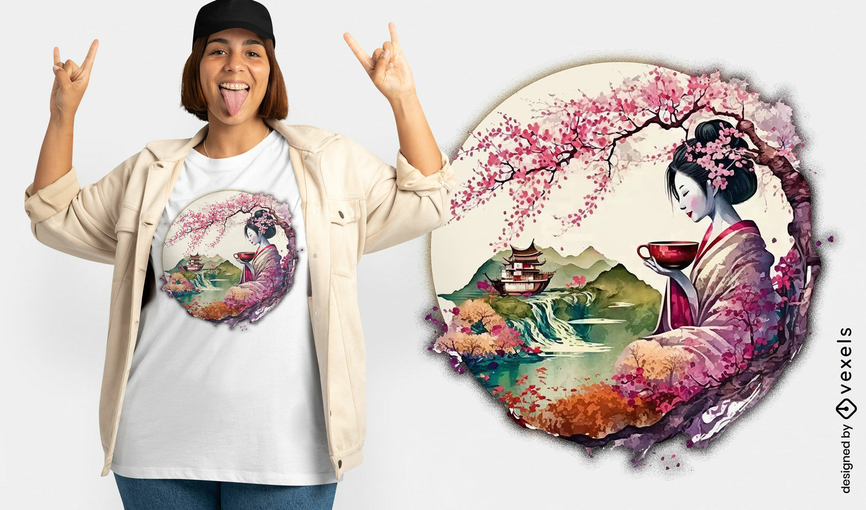 Japanese geisha and landscape t-shirt design