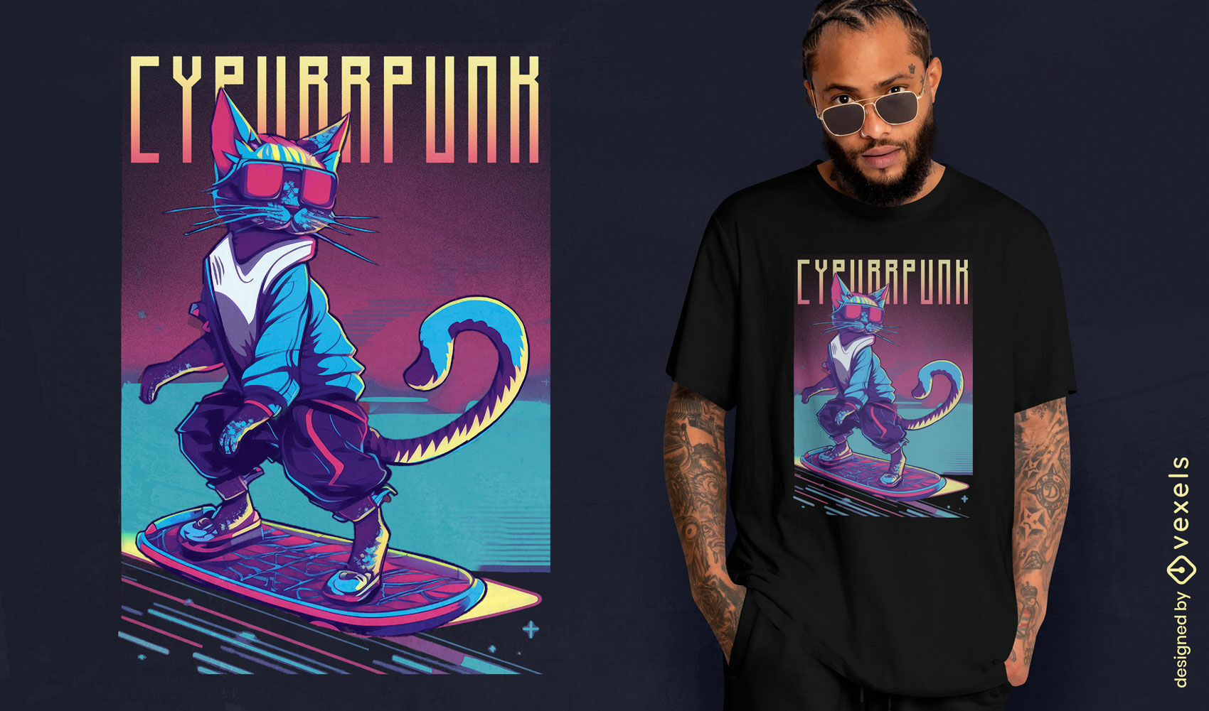 Cyberpunk skater cat t-shirt design