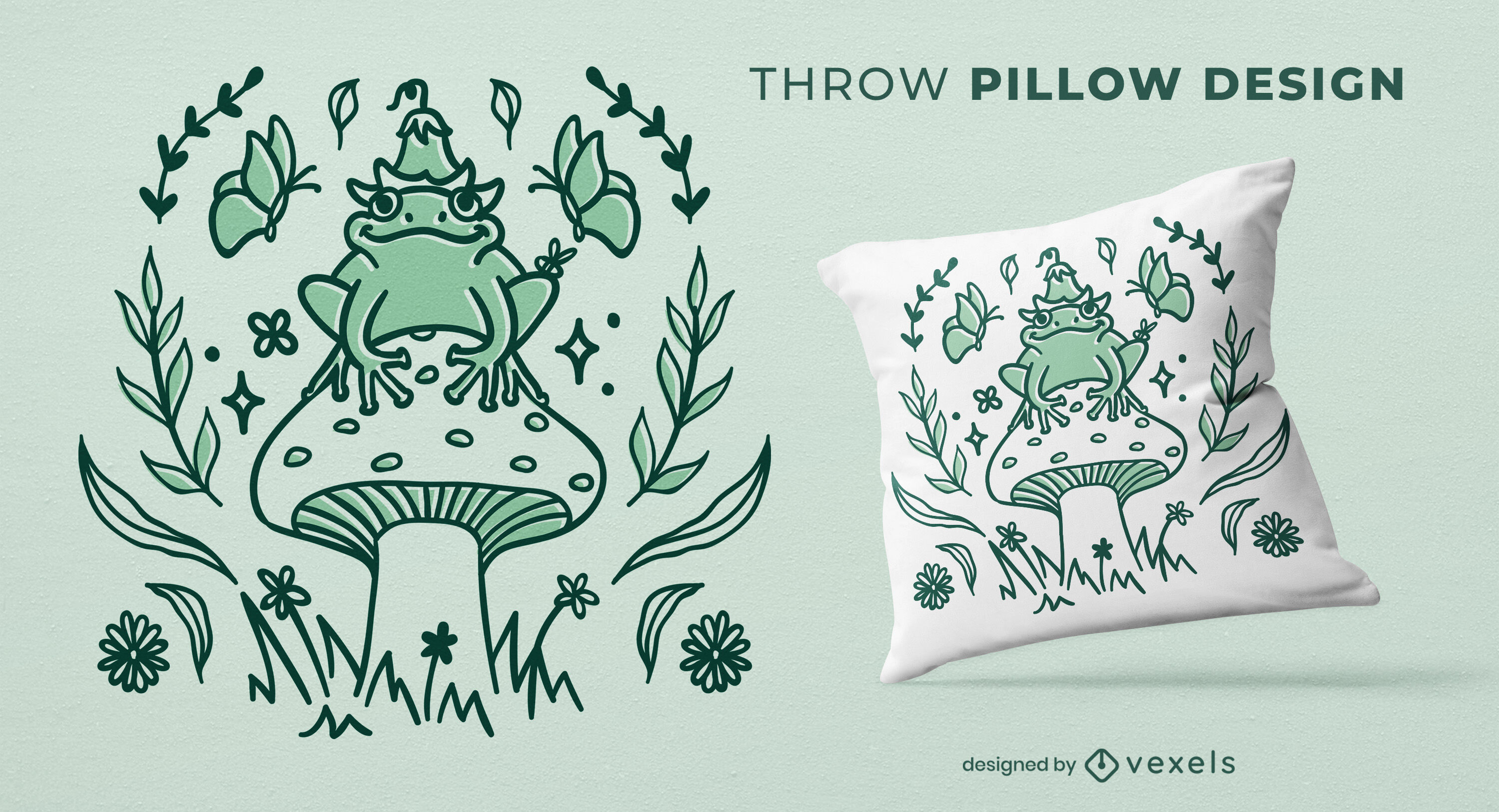 Frog king of the mushroom throw pillow design