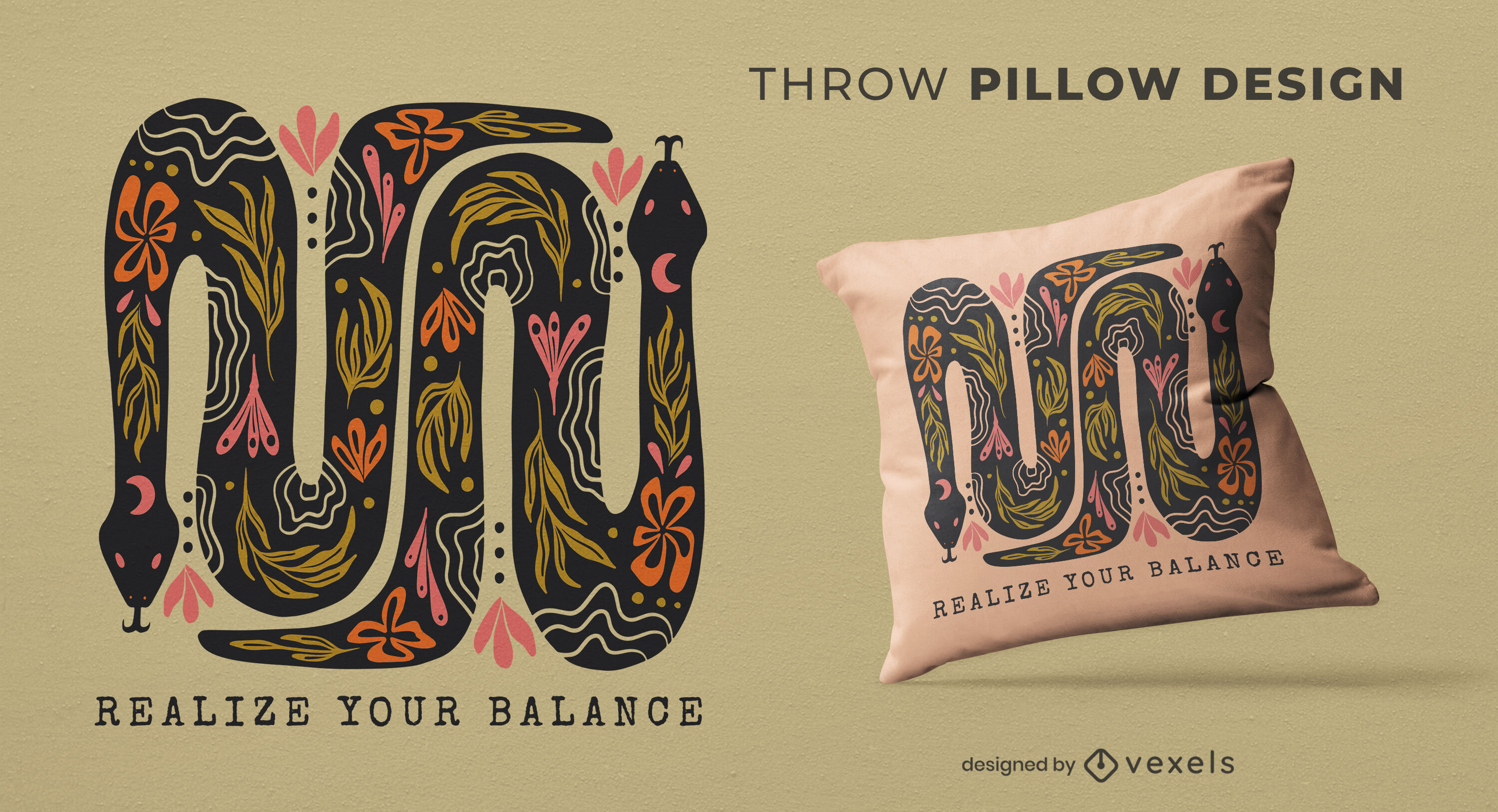 Floral snake boho throw pillow design