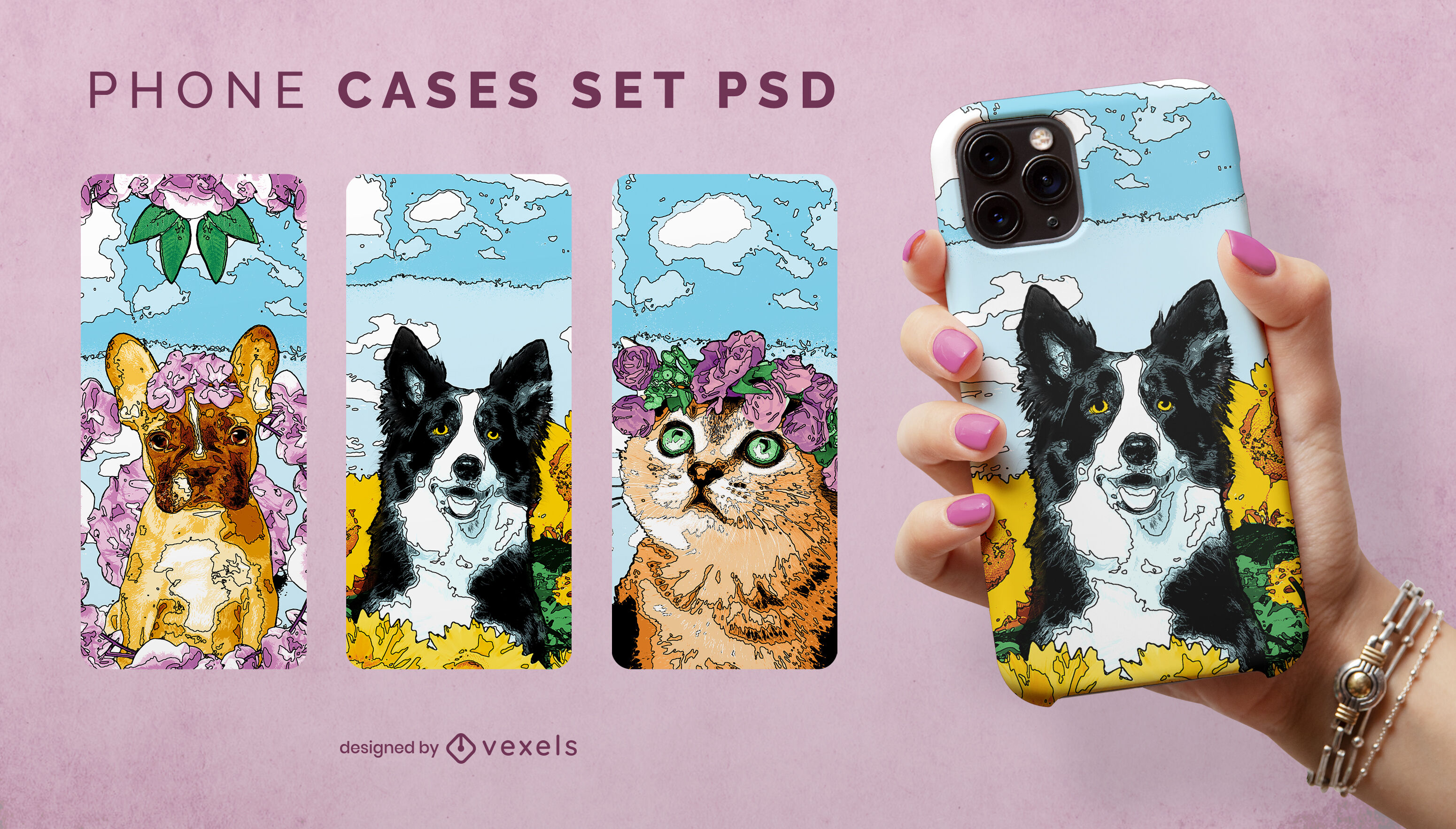 Cute animal pets in nature phone case psd