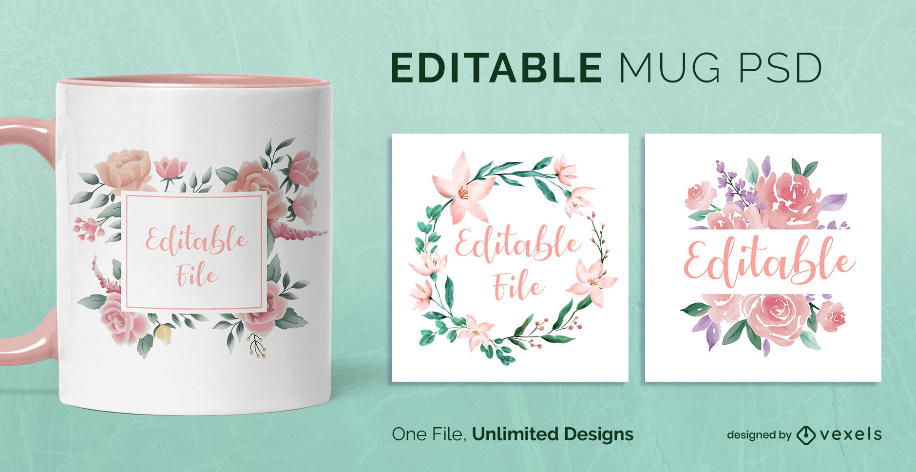 Watercolor flower badges scalable mug template