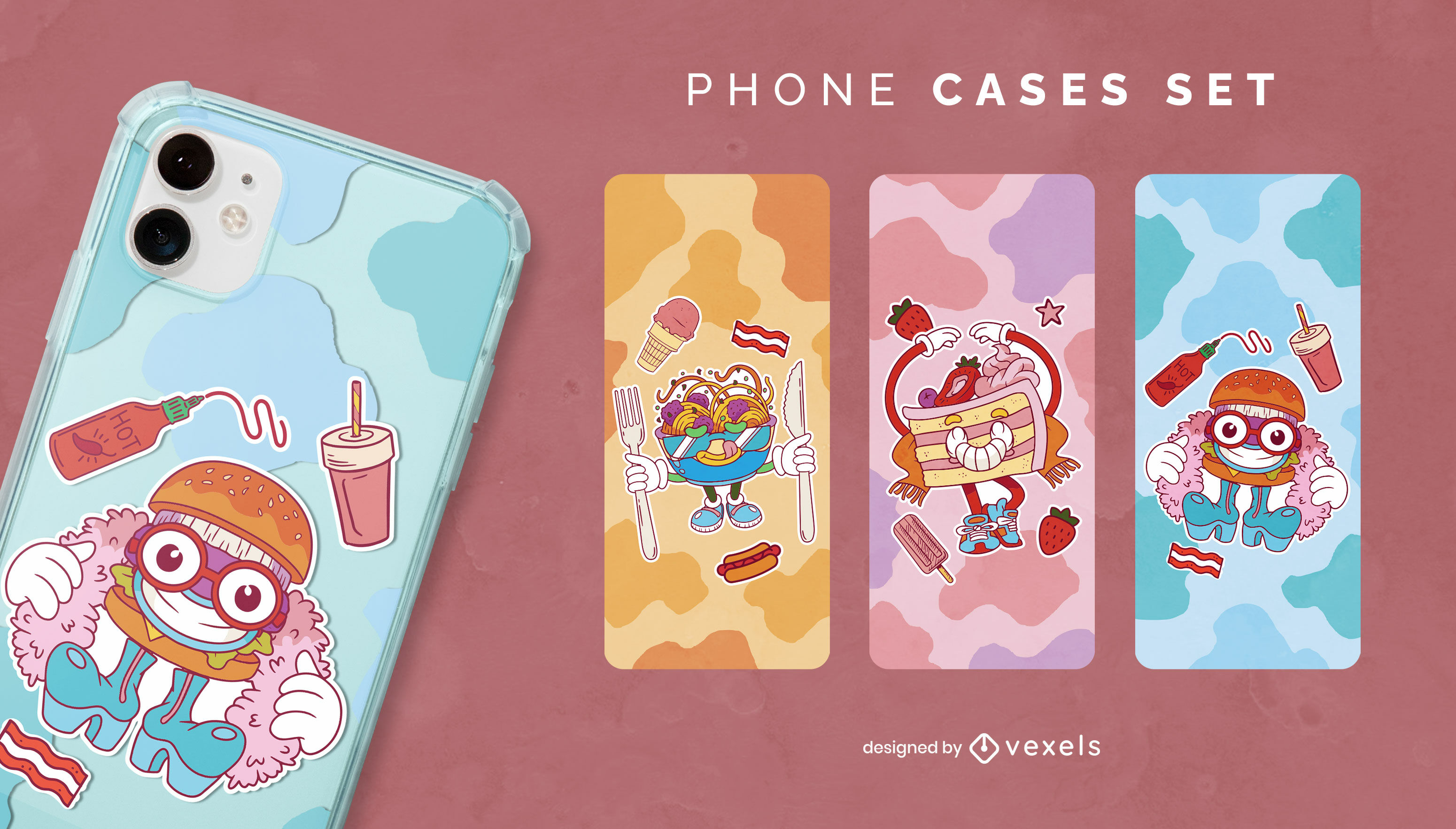 Cartoon food sticker phone case set