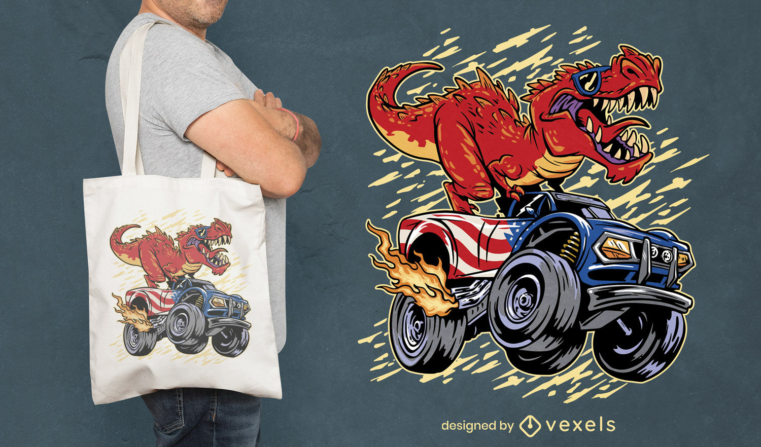 T-rex on a monster truck tote bag design