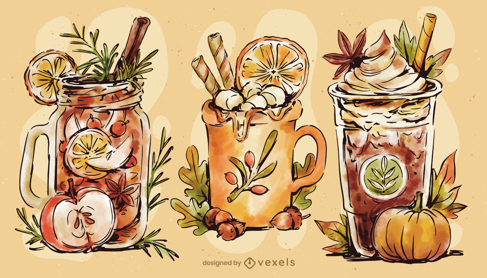 Autumn season cozy drinks watercolor set