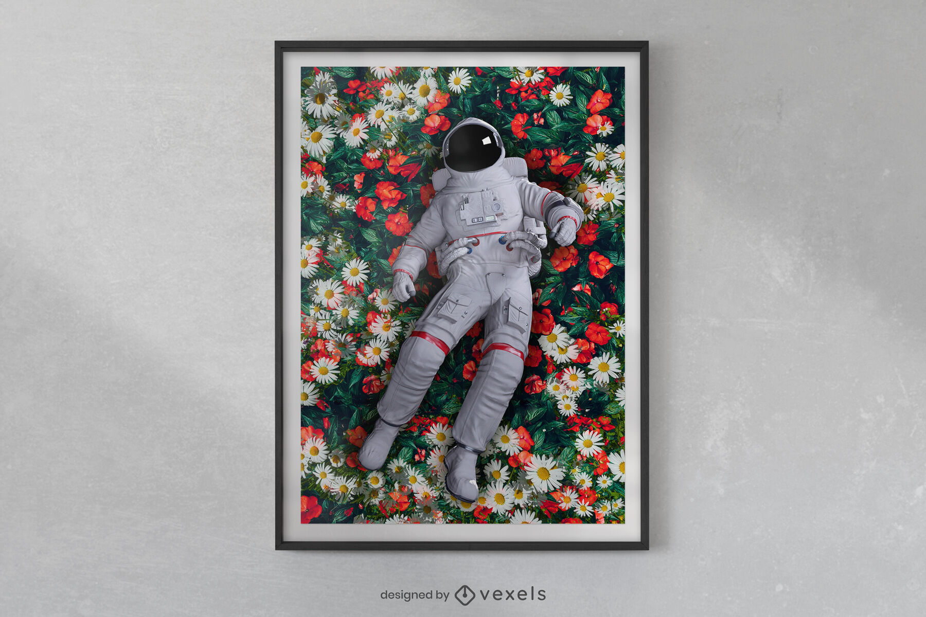 Astronaut laying in flowers space poster design