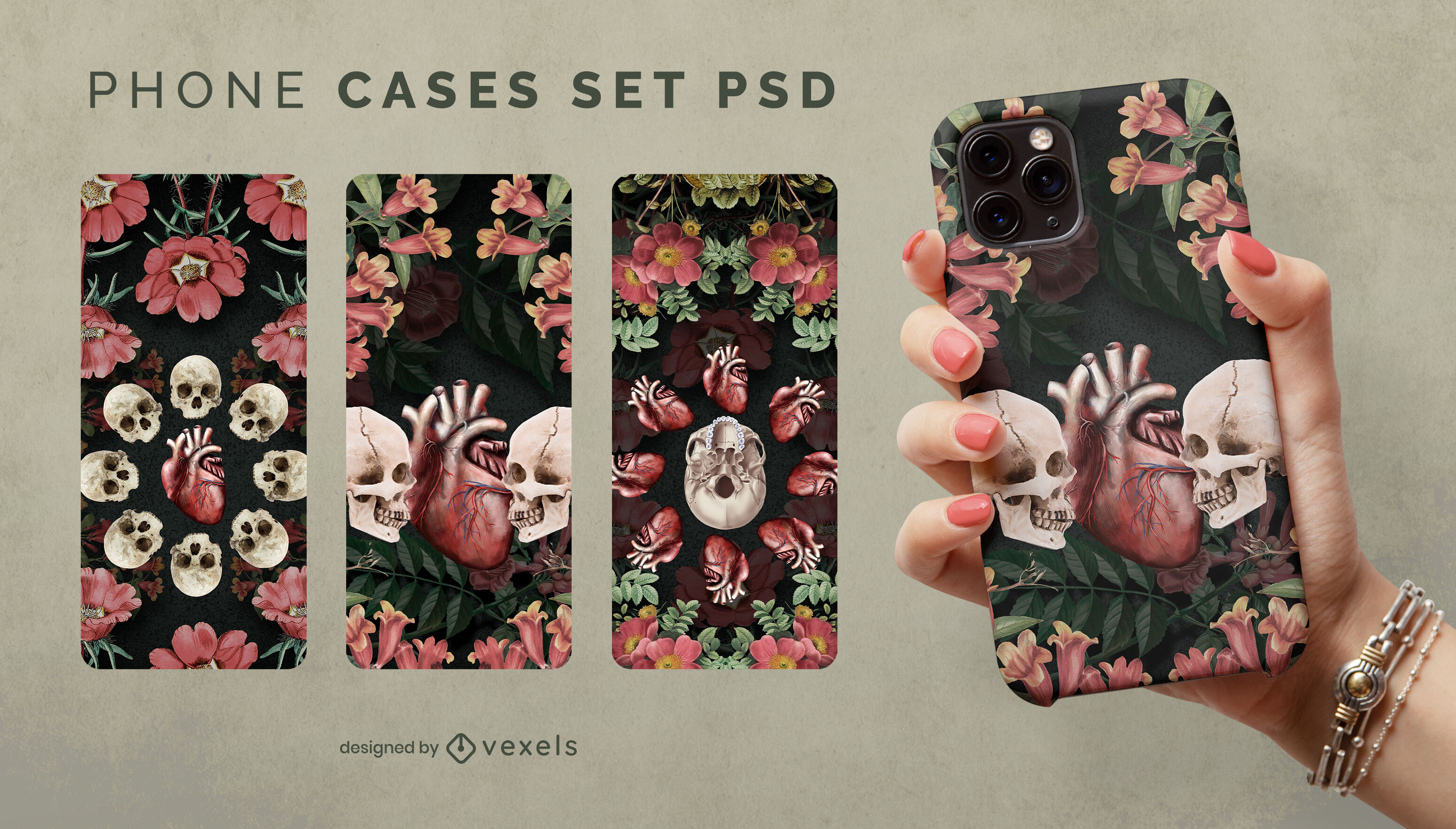 Skulls hearts and flowers phone case psd