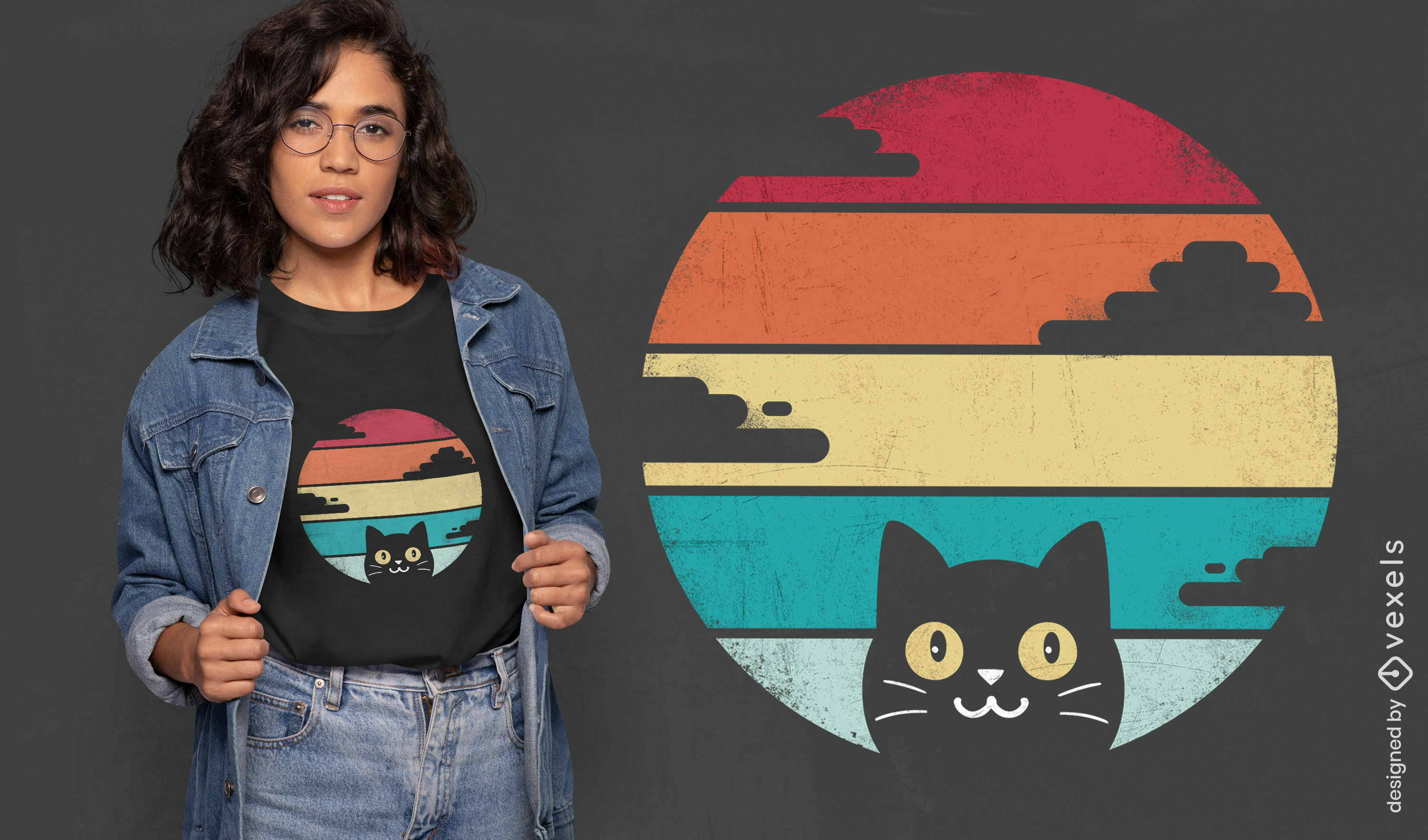 Cat and retro sunset t-shirt design