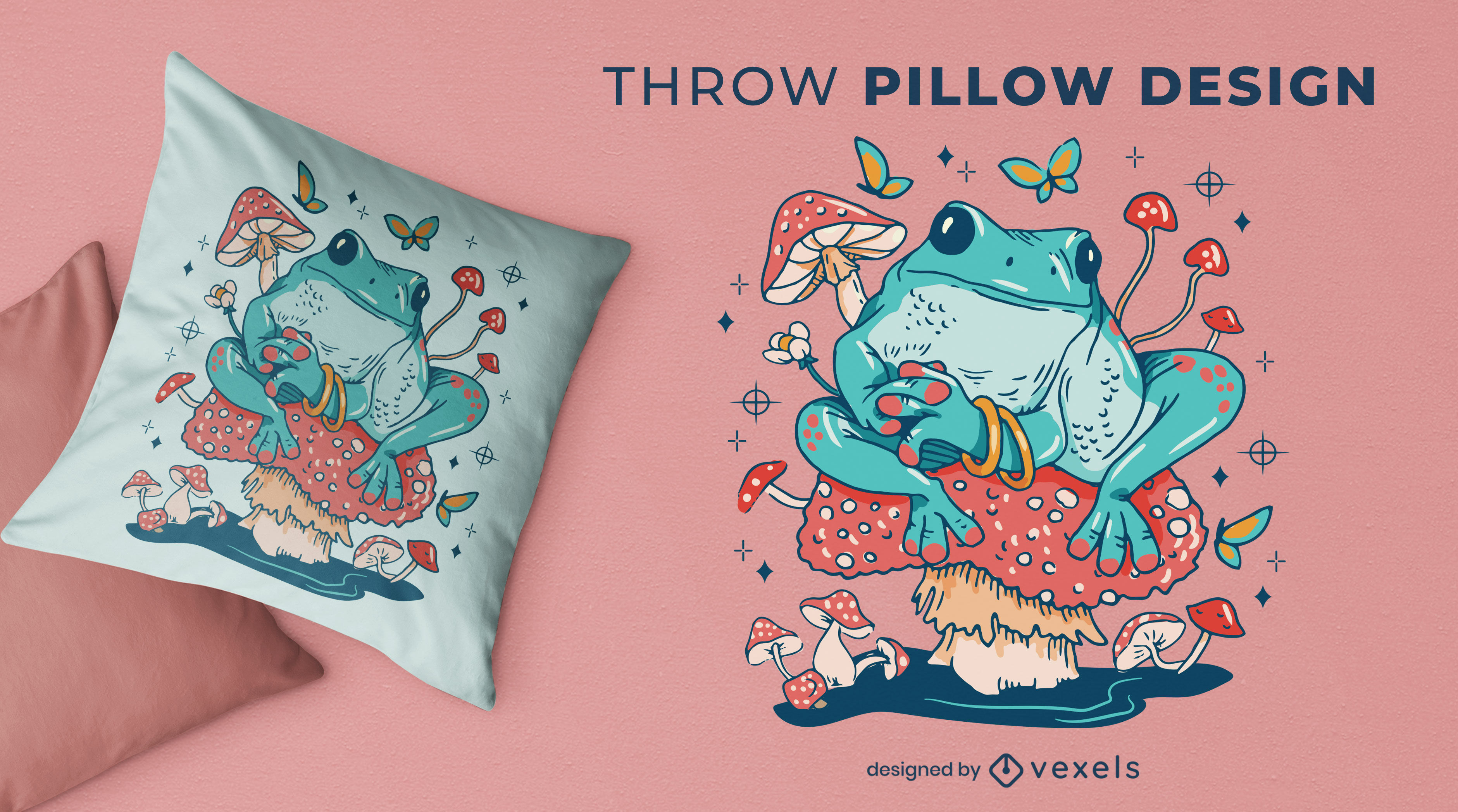 Frog in a mushroom throw pillow design