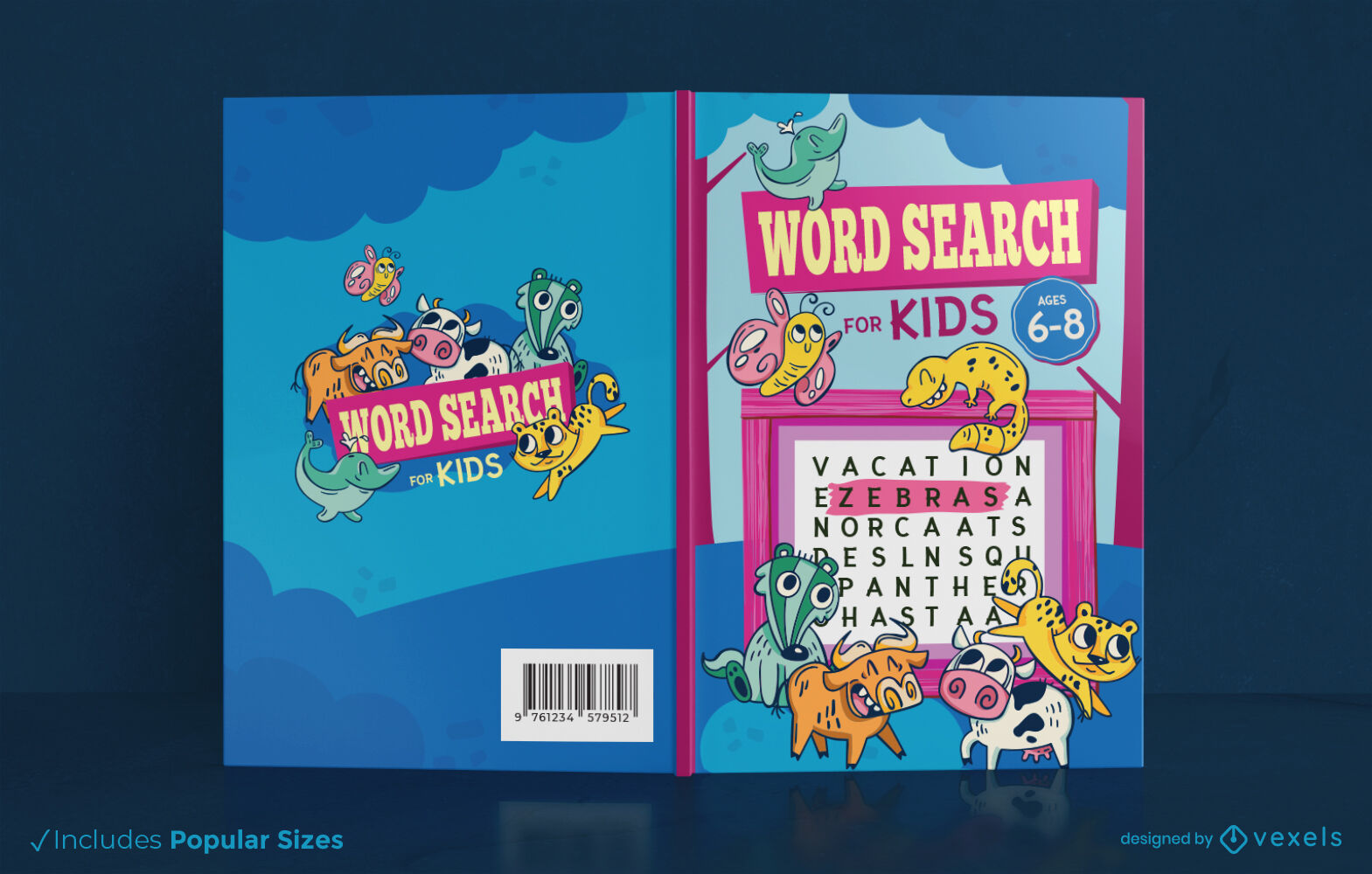 Animal word search kids book cover design KDP