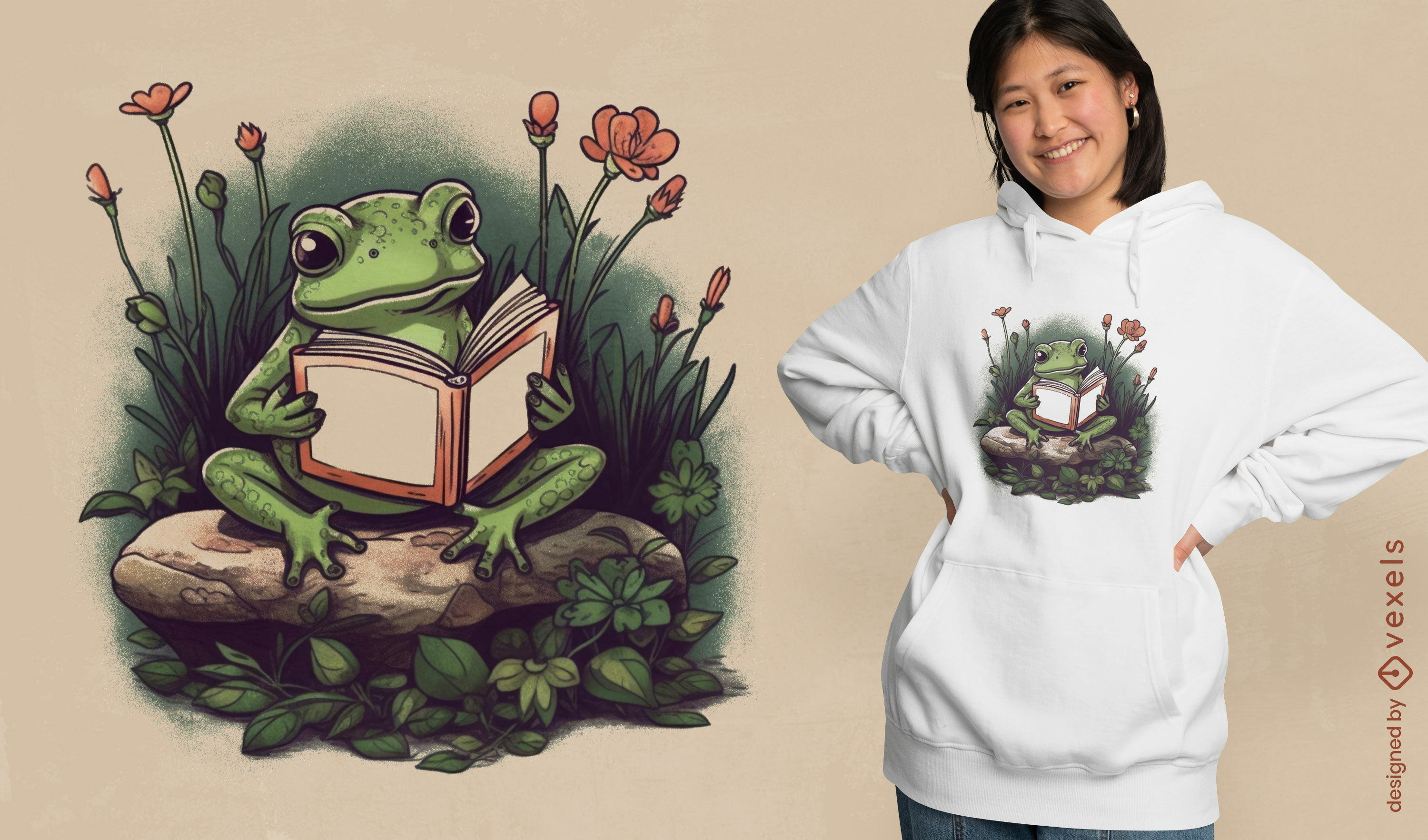 Frog animal reading book t-shirt design