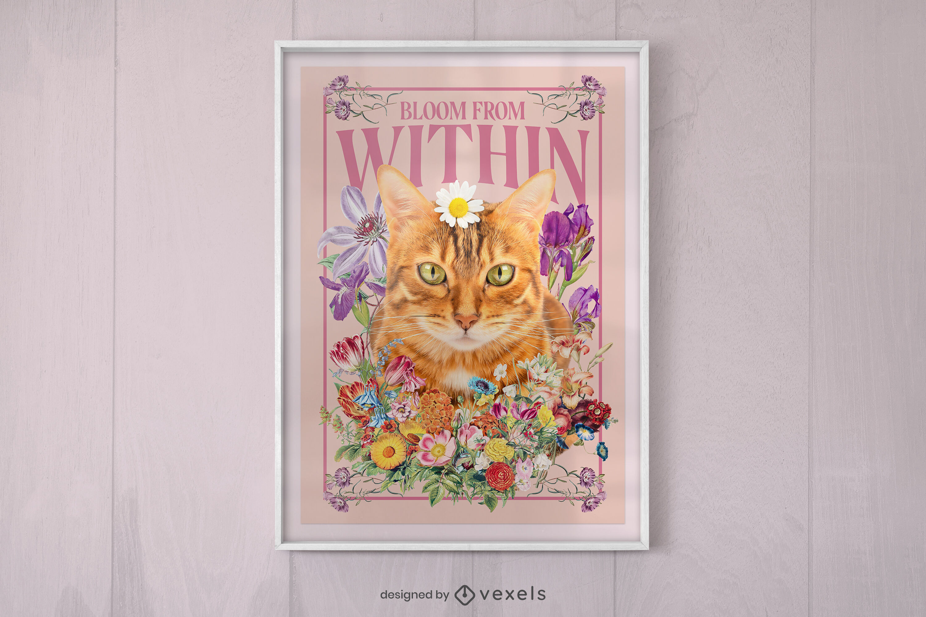 Golden cat animal with flowers poster template