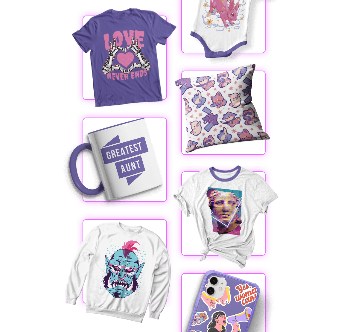 different merch products with designs