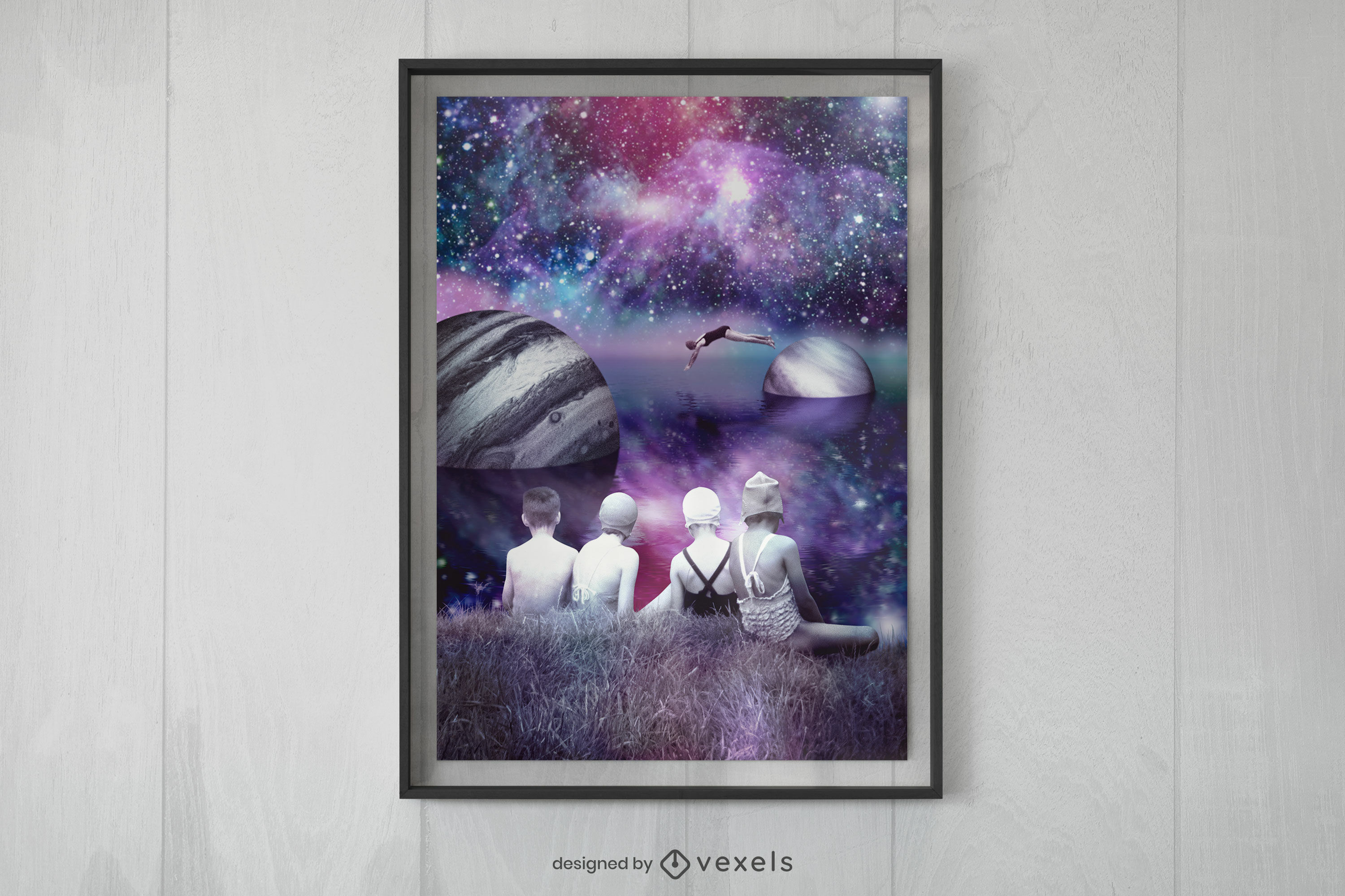 Kids swimming in space poster design
