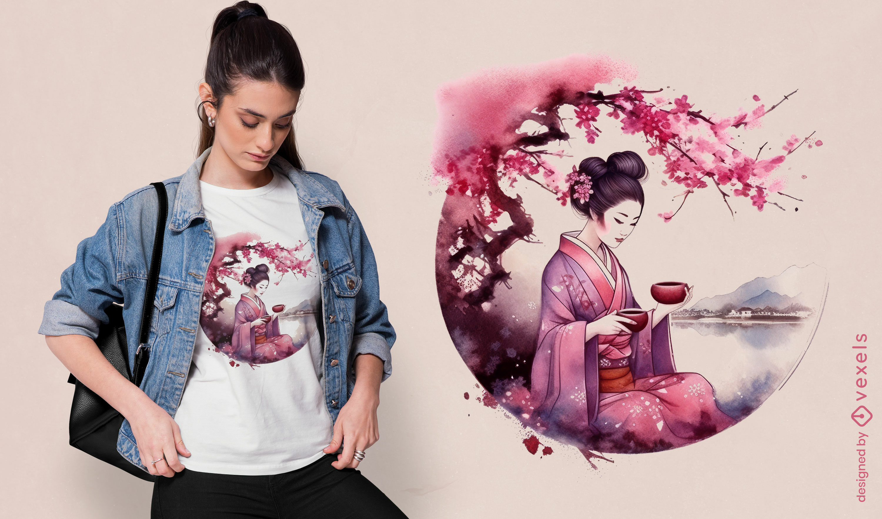 Geisha with sakura tea t-shirt design
